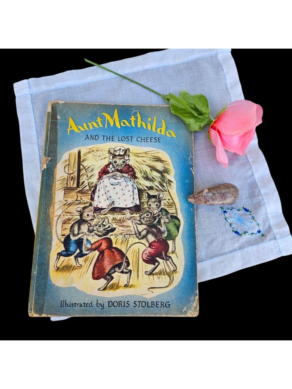 Vintage 1946 Aunt Mathilda Mouse Book Carved Stone Mouse Monogram Hankie Lot